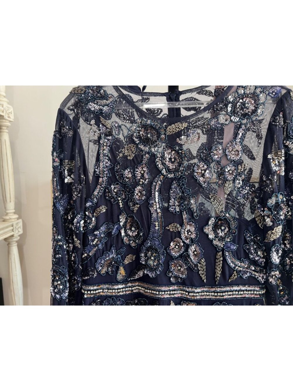 Mac Duggal 10013 Long Sleeve Floral Beaded Embellished Maxi Dress Size 8 Navy - Picture 4 of 5